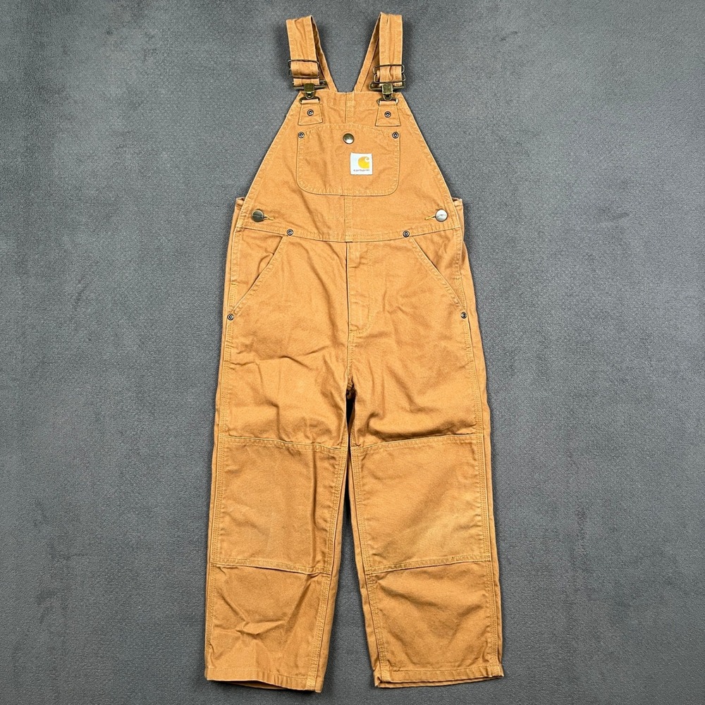 Carhartt Bib Overalls Kids 5 Brown Duck Canvas Double Knee Workwear